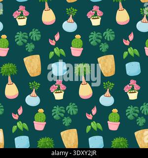 Vibrant seamless pattern of potted plants featuring monstera, palm and small flowering pots on deep teal Stock Vector
