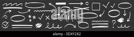 Arrow, highlight marker stroke set. Marker pen line hand drawn brush stroke sketch circle, underline, arrow. Doodle check, cross, highlight scribble round icon on chalkboard. Vector illustration Stock Vector