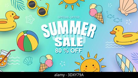 Summer sale promotion banner and big discount special offer with colorful doodle hand drawn beach items. Stock Vector
