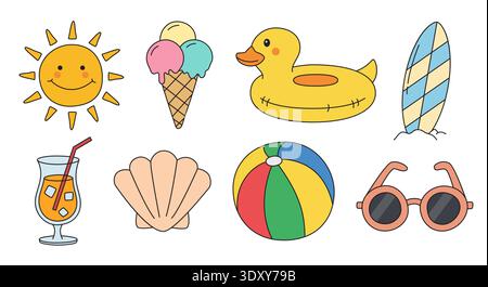 Summer vacation elements with cute hand drawn tropical leisure items and happy beach vacation vibes. Stock Vector