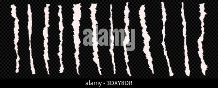 Ripped pieces of paper stripes torn edge set. Ripped strips of white colors at transparent background. Ripped newspaper clip art. Ripped paper note border grunge brush stroke. Vector illustration Stock Vector