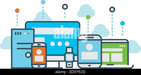 Cloud computing color concept. Shared data devices Stock Vector