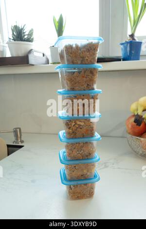 Tall stack of blue plastic containers filled with prepared pet food on white kitchen counter near window with plants and sink. Homemade meals for dogs and cats daily feeding routine. Pet nutrition Stock Photo