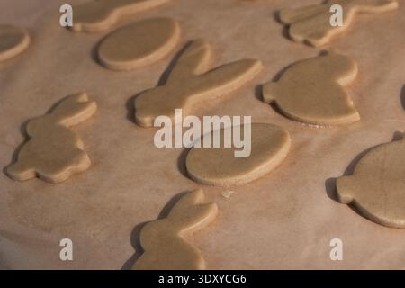 Bakers prepare gingerbread cookies shaped like bunnies and eggs on a baking sheet. These cookies represent Easter traditions and are part of holiday celebrations. Stock Photo