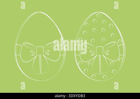 Set of Hand drawn outline Easter eggs with a tied ribbon bow and one of them decorated outline dots. Vector illustration Easter Greetings Thematic cards or social media posts design elements, leaflets Stock Vector