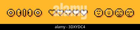 Y2K user interface icon. Yellow pixel art coins, hearts and emojis. Stock Vector