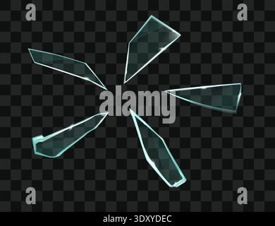 Pieces of broken glass. Sharp fragments of various shapes and sizes. Realistic vector isolated on transparent. Stock Vector