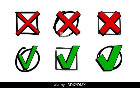 Check marks hand drawn doodle vector set. Handwriting charcoal pencil correct or incorrect symbols. Doodle vote strokes marks for check list items.  Stock Vector
