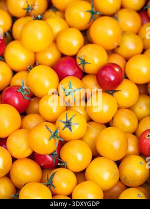 Top view of fresh cherry tomatoes densely packed, filling the entire frame. Red and yellow mix. Perfect for food background or texture. Stock Photo