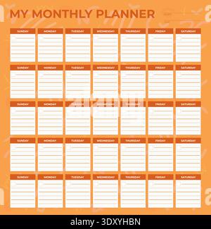 Colorful Monthly Planner Template – Printable Calendar Organizer Layout - Vector Design - Orange Color Stock Vector