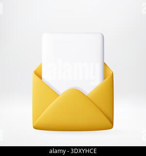 3D yellow open envelope with white paper card Stock Vector
