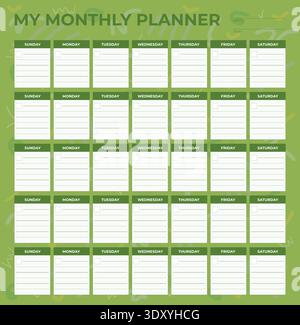 Colorful Monthly Planner Template – Printable Calendar Organizer Layout - Vector Design - Green Color Stock Vector