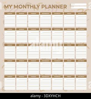 Colorful Monthly Planner Template – Printable Calendar Organizer Layout - Vector Design - Beige Color Stock Vector