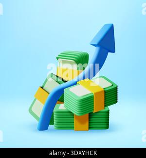 3D Blue arrow rising over stacked money bills Stock Vector