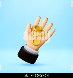3D Cartoon hand holding gold coins. Stock Vector