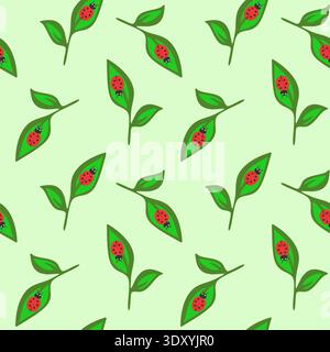 Seamless pattern with cute ladybugs on green leaves.Background for kids textile and wrapping paper. Vector illustration Stock Vector