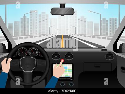 Hand Pressing Emergency Light Button in Car. Car Hazard Light Button. Vector Illustration. Stock Vector