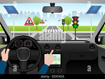 Hand Pressing Emergency Light Button in Car. Car Hazard Light Button. Vector Illustration. Stock Vector