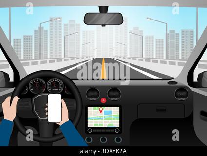 Man Using Smart Phone While Driving a Car. Vector Illustration. Stock Vector