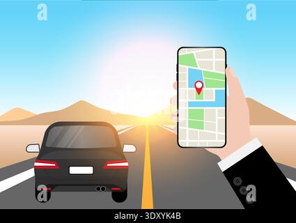 Man Using Map Application or GPS Navigation System on Smart Phone. Vector Illustration. Stock Vector