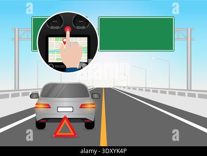 Hand Pressing Emergency Light Button in Car. Car Hazard Light Button. Vector Illustration. Stock Vector