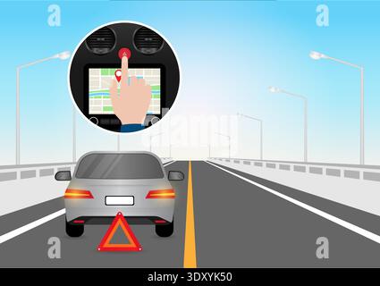 Hand Pressing Emergency Light Button in Car. Car Hazard Light Button. Vector Illustration. Stock Vector