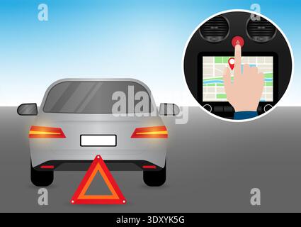 Hand Pressing Emergency Light Button in Car. Car Hazard Light Button. Vector Illustration. Stock Vector