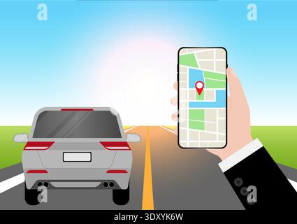 Man Using Map Application or GPS Navigation System on Smart Phone. Vector Illustration. Stock Vector