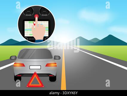 Hand Pressing Emergency Light Button in Car. Car Hazard Light Button. Vector Illustration. Stock Vector