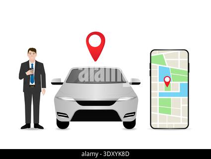 Man Using Map Application or GPS Navigation System on Smart Phone. Vector Illustration. Stock Vector