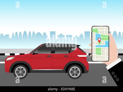 Man Using Map Application or GPS Navigation System on Smart Phone. Vector Illustration. Stock Vector