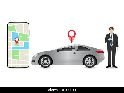 Man Using Map Application or GPS Navigation System on Smart Phone. Vector Illustration. Stock Vector