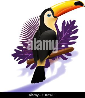 A colorful cartoon toucan with a vibrant beak perches on a tree branch, standing out against a white background. Stock Vector