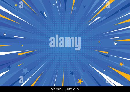 Pop art comic blue background. Comic book exlosion with speed lines and stars. Dynamic superhero sale banner. Stock Vector