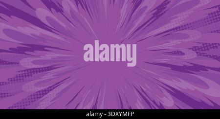 Purple comic book background. Anime design with purple radial halftone explosion. Dynamic pop art superhero action backdrop Stock Vector