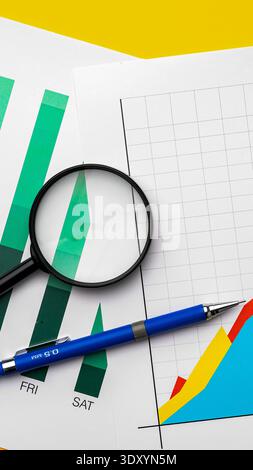Graphs and charts with a magnifying glass and pen on a yellow background in an office setting Stock Photo
