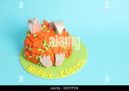 Easter Bunny Shaped Cake With Carrot Decoration – Happy Easter Celebration, Festive Dessert and Holiday Food Concept Stock Photo