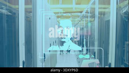 Displaying cyan holo face-scan overlay in server aisle, glass racks with techs wearing work clothes Stock Photo