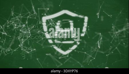 Glowing white shield with padlock hovering on green board, showing network nodes and math scribbles Stock Photo
