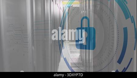 Overlaying blue padlock hovering over data center aisle, showing racks, vents, LEDs, HUD Stock Photo