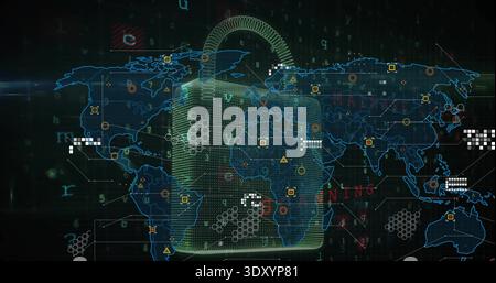 Displaying central holographic padlock guarding neon world map on digital dashboard, with nodes Stock Photo