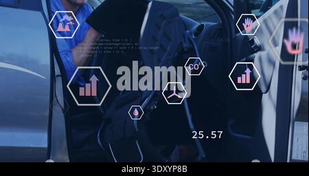 Inspecting tech leaning in car cabin, man sitting blue collar shirt, wheel overlays showing 25 Stock Photo