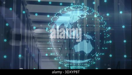 Hovering translucent holographic globe floating above data center aisle, with server racks and LEDs Stock Photo