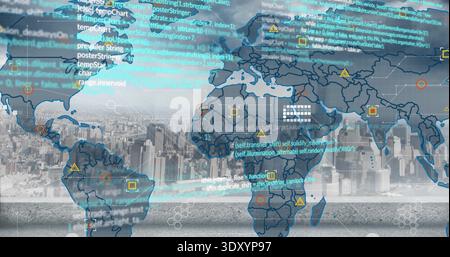 Projecting semi-transparent world map overlay spanning urban skyline, showing code and data markers Stock Photo