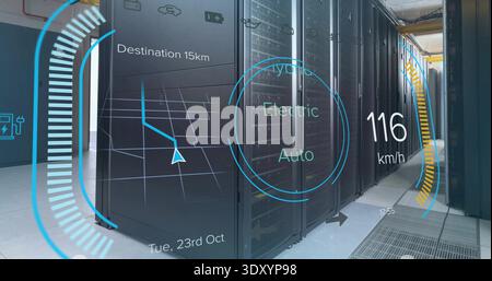 Showing black server racks lining right side in data center aisle HUD elements visible, copy space Stock Photo