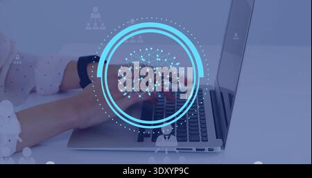 Typing hands tapping keys on laptop at desk, showing smartwatch, dotted shirt, network overlay Stock Photo