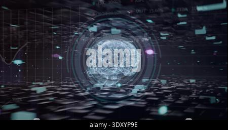 Hovering holographic wireframe brain projecting HUD rings in virtual grid, showing data panels Stock Photo