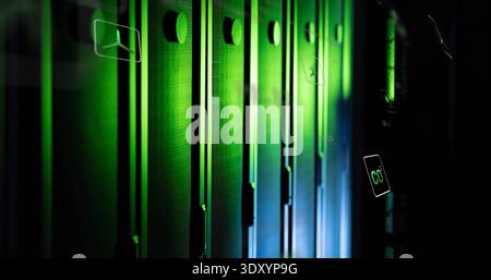 Displaying row of black server cabinets angled in data center, with circular latches and UI icons Stock Photo