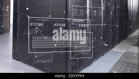 Displaying front-facing server cabinet showing network overlay in data center aisle, HUD readouts Stock Photo