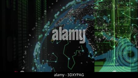 Displaying digital globe pulsing in dark data center, with neon-green network lines and racks Stock Photo